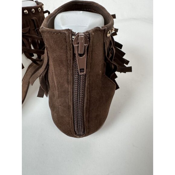 Brown Fringe Suede Flat Thong Sandals With Studded Accents & Zipper Closure For - Picture 9 of 15